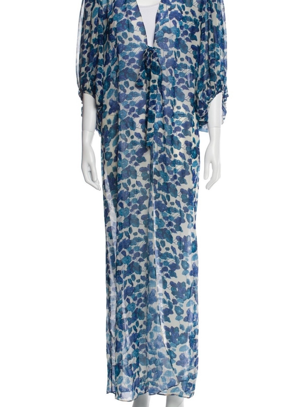 Sheer Blue Floral Tie-Front Swim Coverup Kaftan